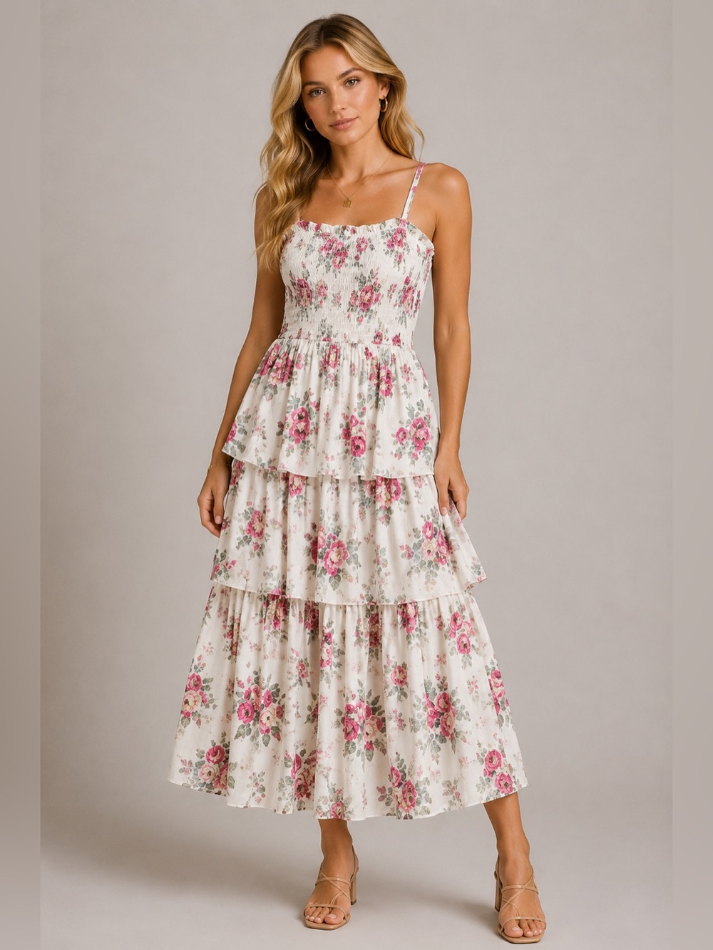 LoveShackFancy By Target White & Pink Floral Tiered Smocked Women's Midi Dress M